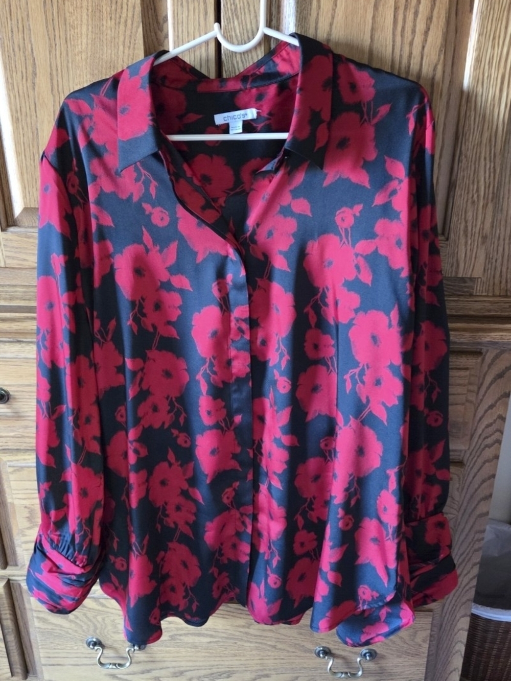 Chico's Black Blouse with Red Floral Print